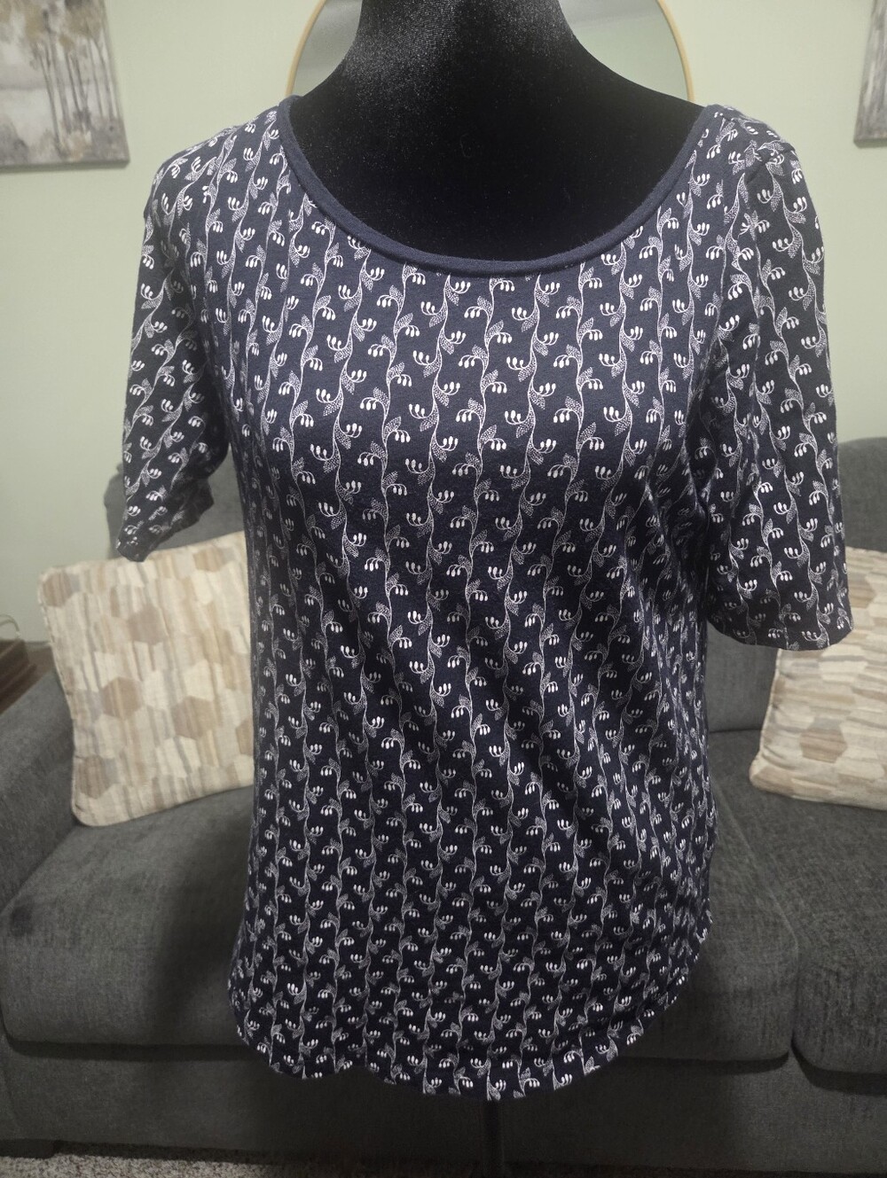 LOFT Navy Short Sleeve Scoop Neck Printed Top